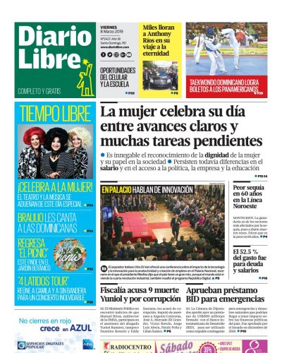 Portada Periódico Diario Libre, Viernes 08 de Marzo 2019
