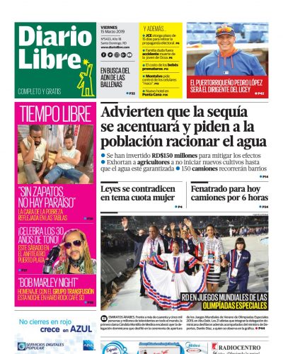 Portada Periódico Diario Libre, Viernes 15 de Marzo 2019