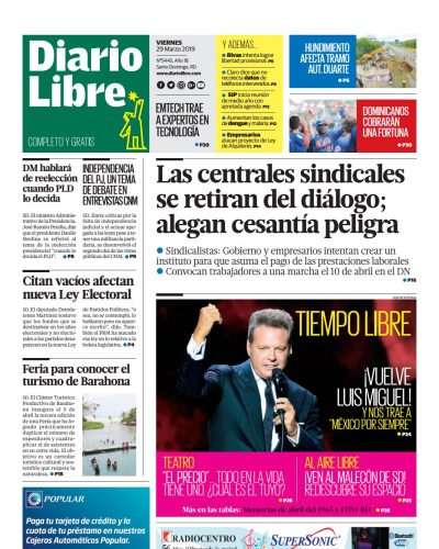 Portada Periódico Diario Libre, Viernes 29 de Marzo 2019
