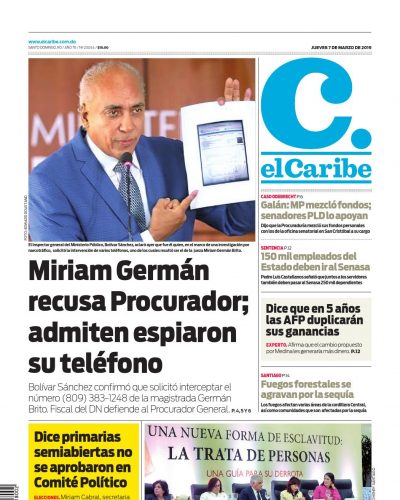 Portada Periódico El Caribe, Jueves 07 de Marzo 2019