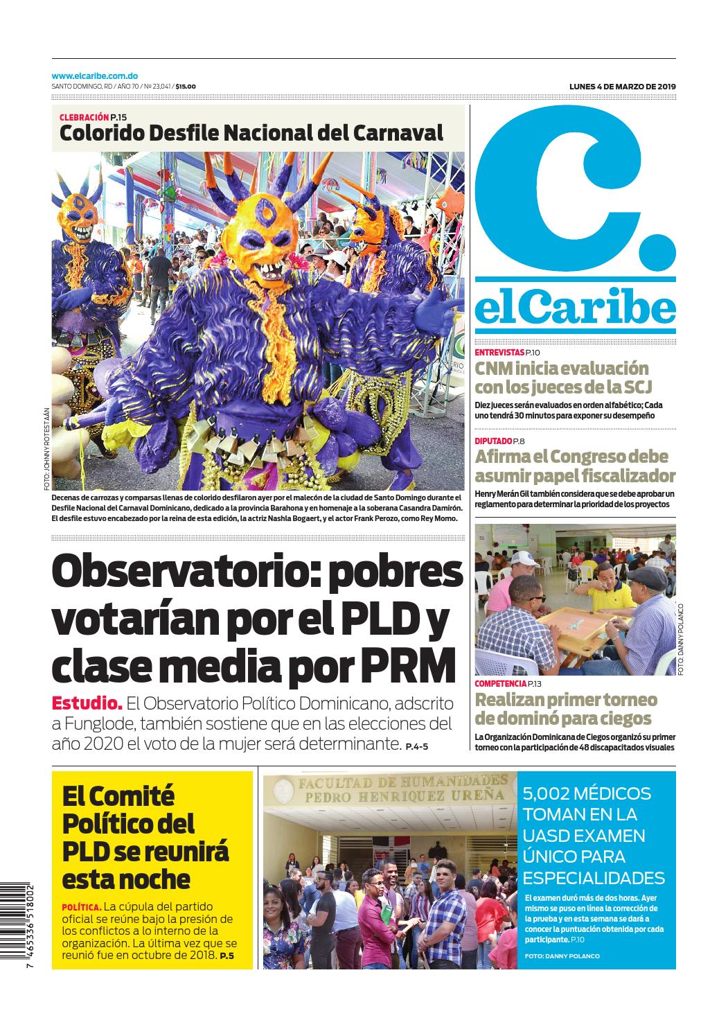 Portada Periódico El Caribe, Lunes 04 de Marzo 2019
