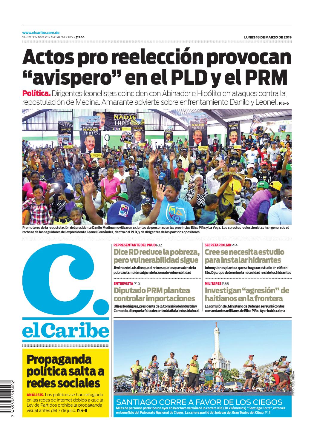 Portada Periódico El Caribe, Lunes 18 de Marzo 2019