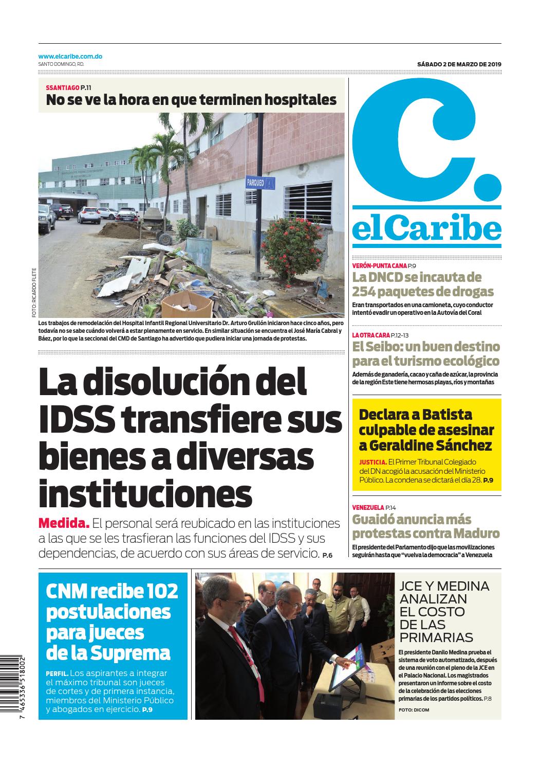 Portada Periódico El Caribe, Sábado 02 de Marzo 2019