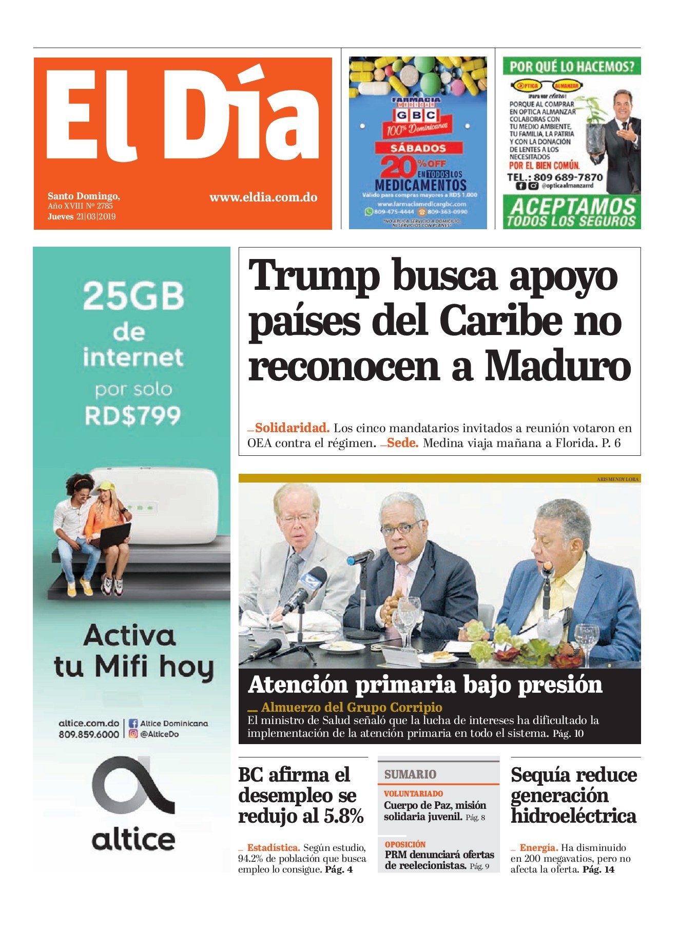 Portada Periódico El Día, Jueves 21 de Marzo 2019