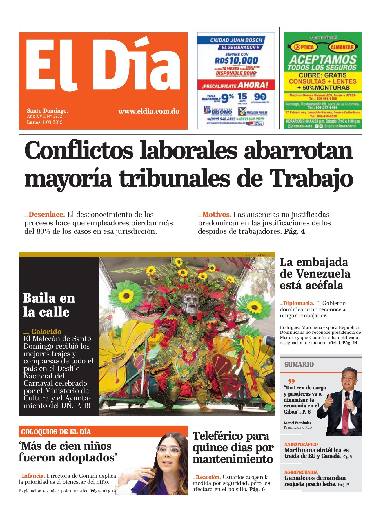 Portada Periódico El Día, Lunes 04 de Marzo 2019