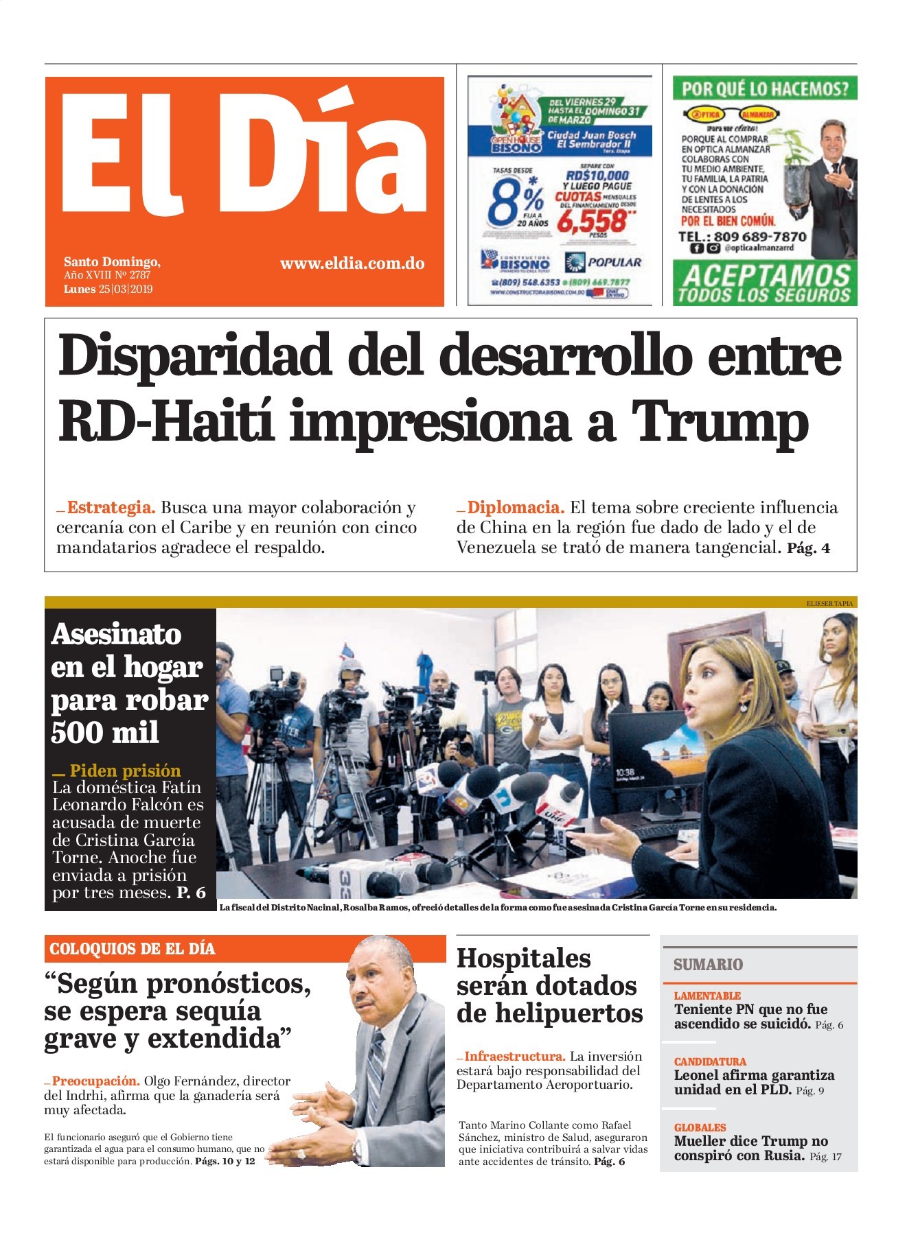 Portada Periódico El Día, Lunes 25 de Marzo 2019