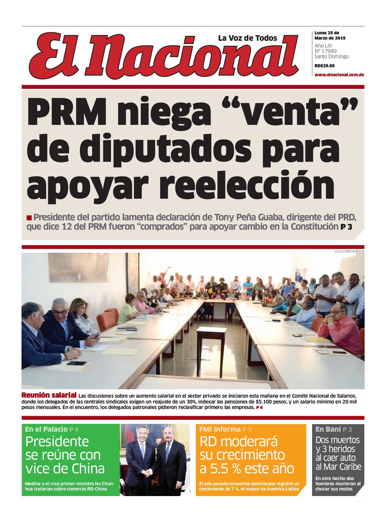 Portada Periódico El Nacional, Lunes 25 de Marzo 2019