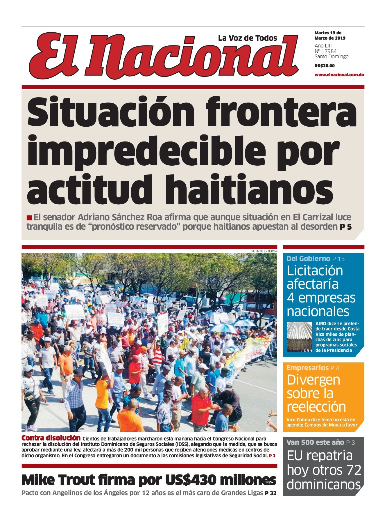 Portada Periódico El Nacional, Martes 19 de Marzo 2019