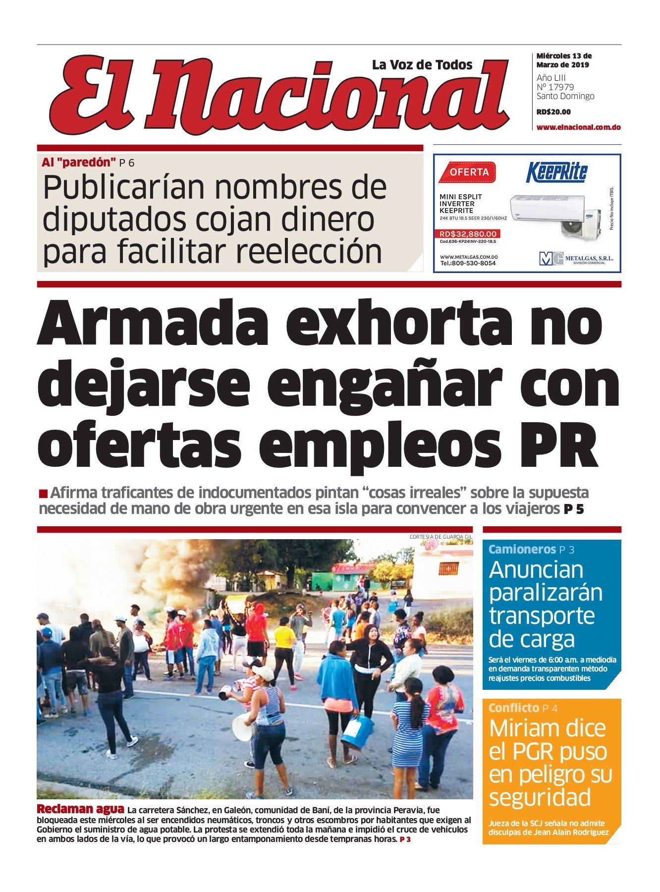 Portada Periódico El Nacional, Miércoles 13 de Marzo 2019