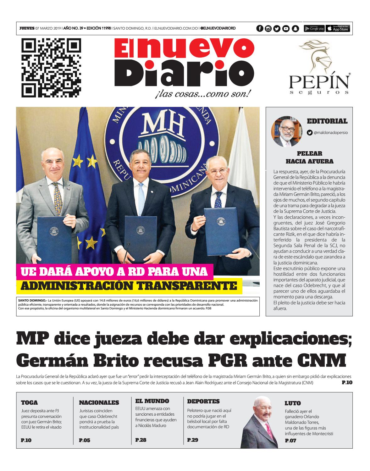 Portada Periódico El Nuevo Diario, Jueves 07 de Marzo 2019