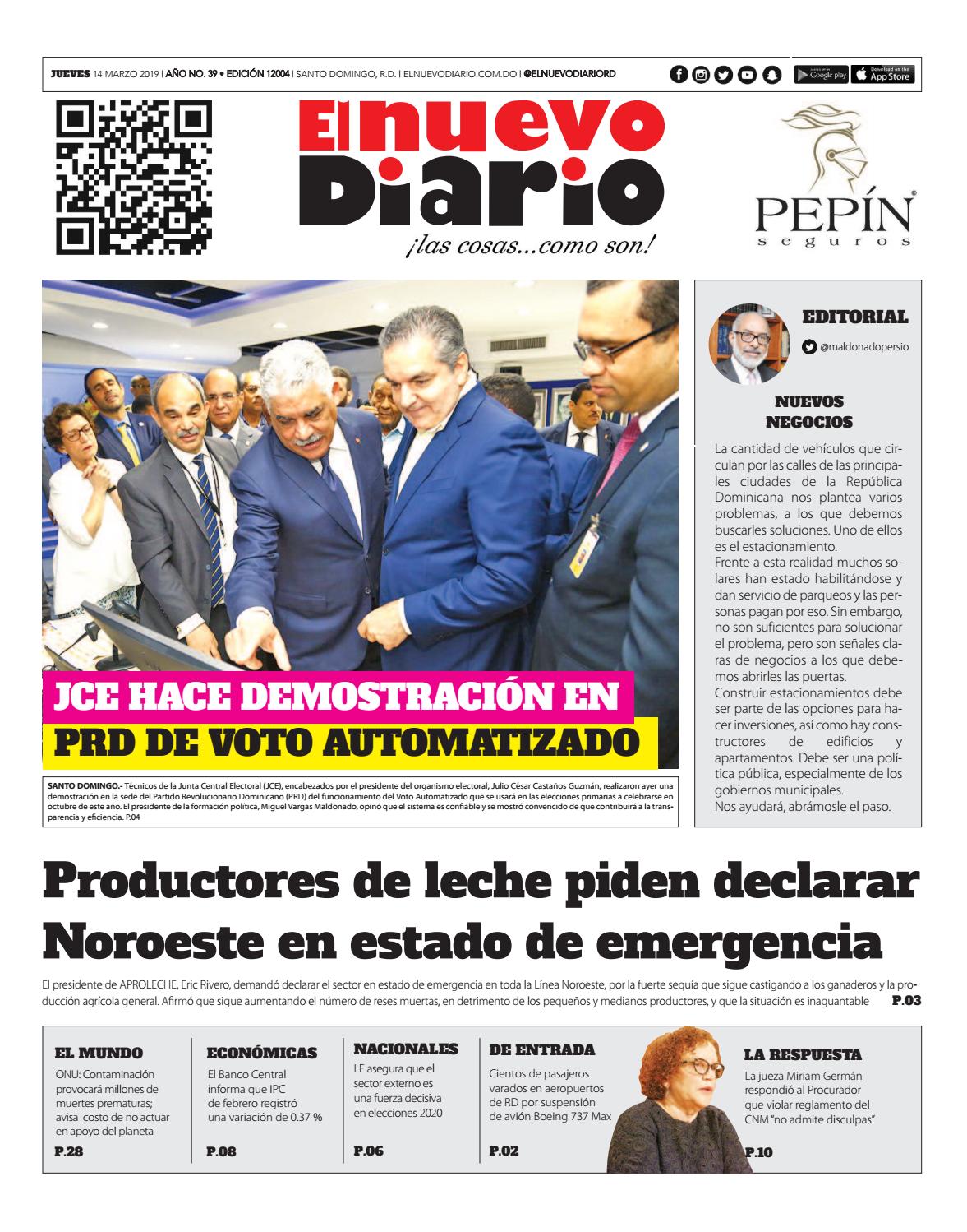 Portada Periódico El Nuevo Diario, Jueves 14 de Marzo 2019