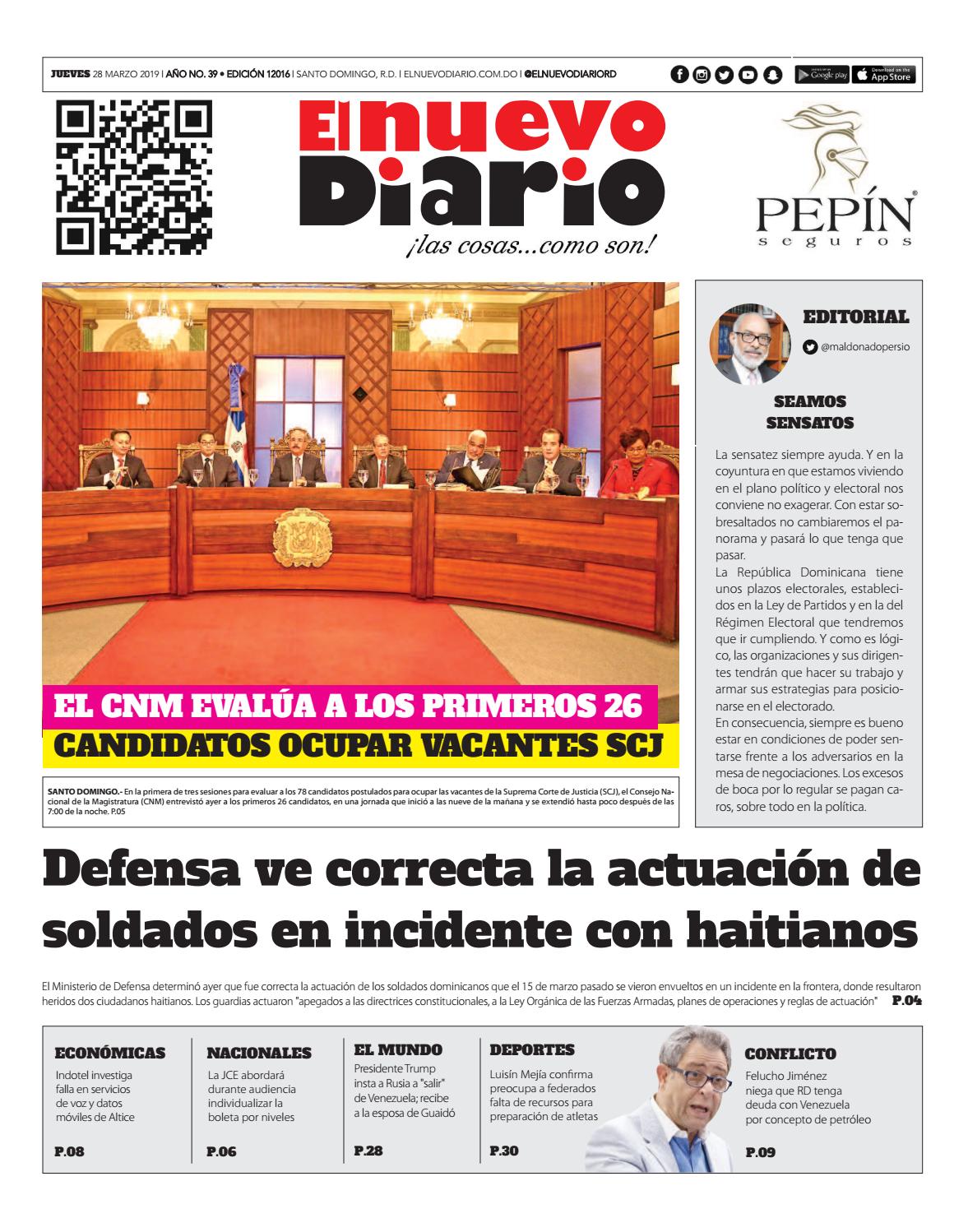 Portada Periódico El Nuevo Diario, Jueves 28 de Marzo 2019