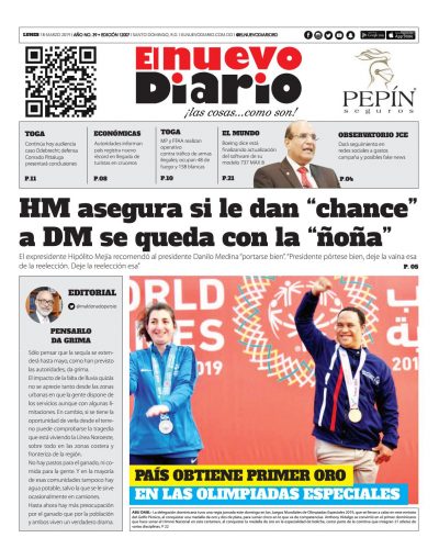 Portada Periódico El Nuevo Diario, Lunes 18 de Marzo 2019