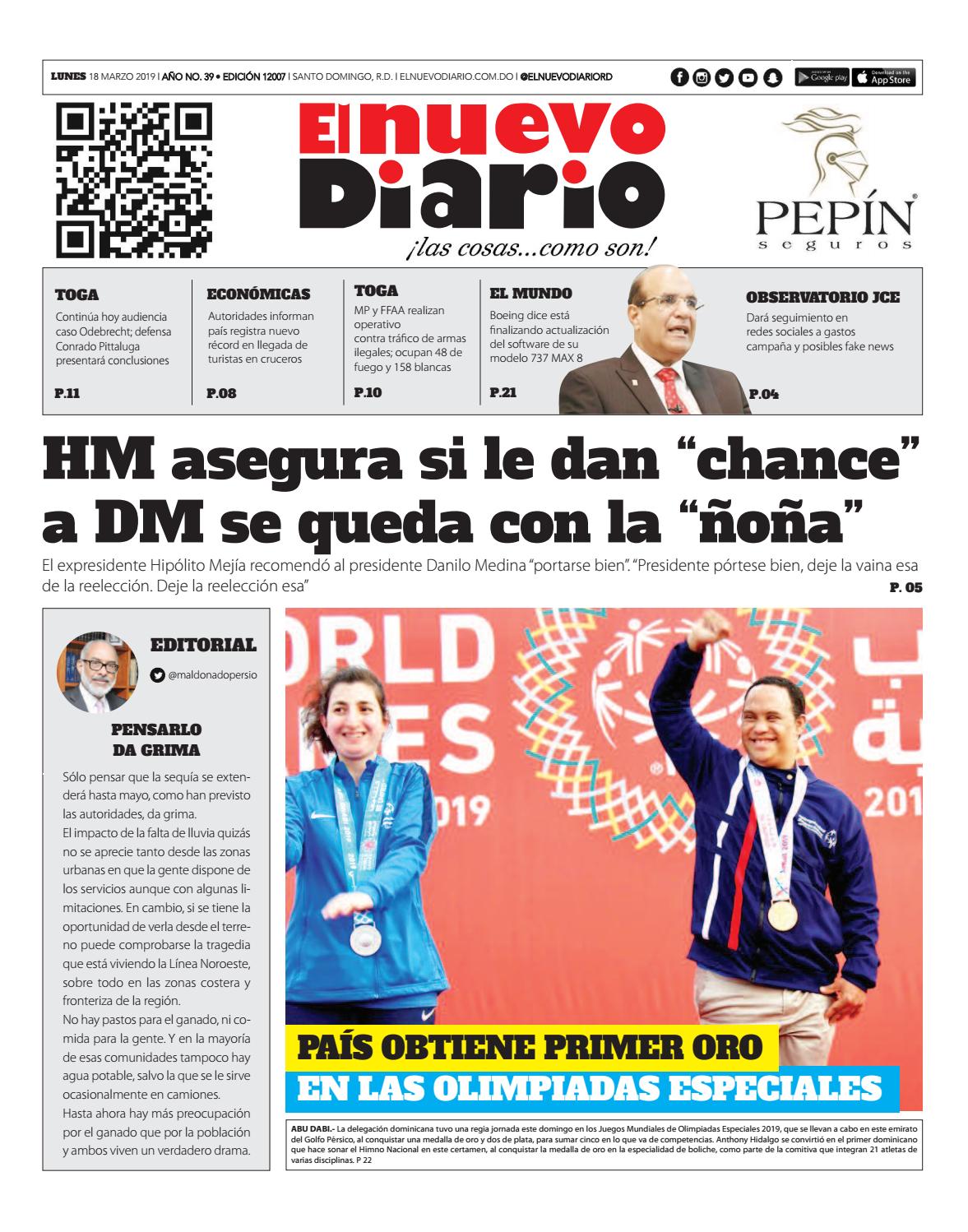 Portada Periódico El Nuevo Diario, Lunes 18 de Marzo 2019