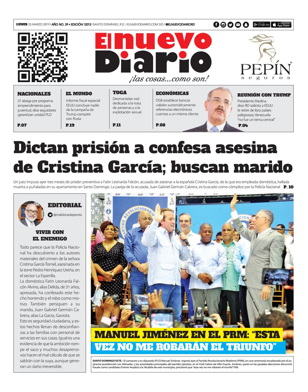 Portada Periódico El Nuevo Diario, Lunes 25 de Marzo 2019