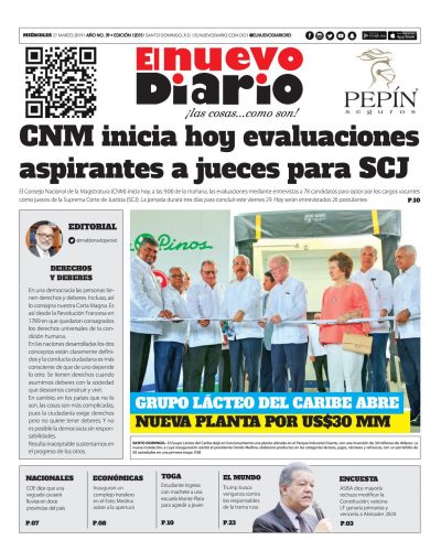 Portada Periódico El Nuevo Diario, Miércoles 27 de Marzo 2019