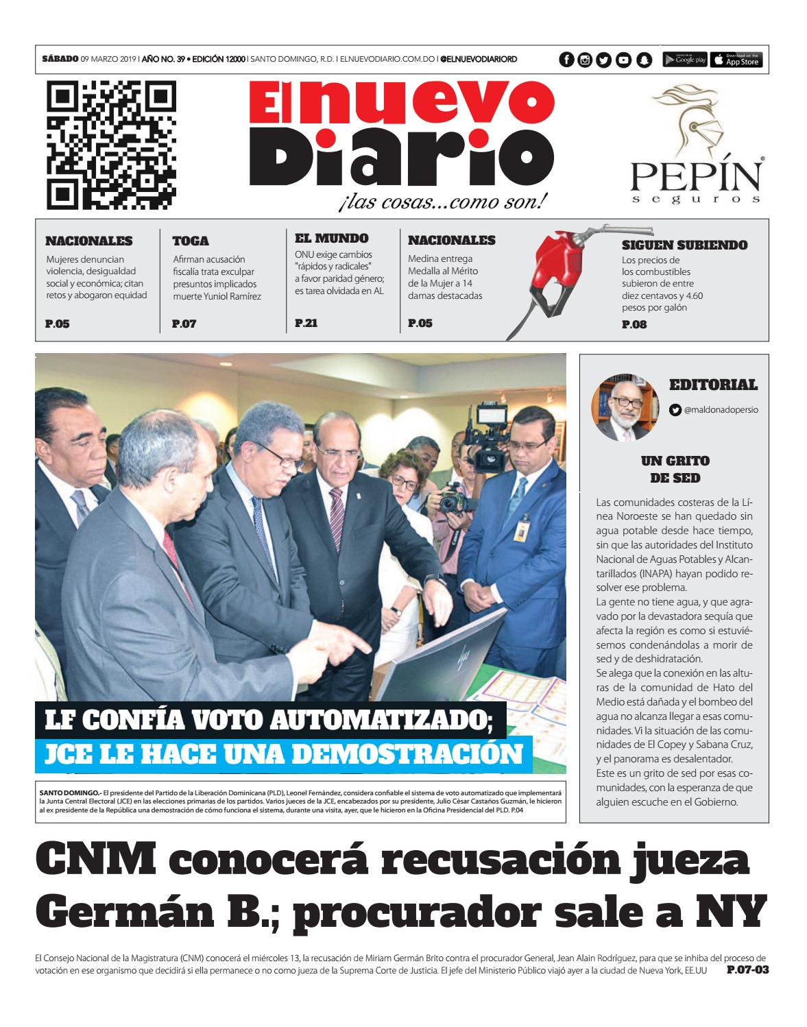 Portada Periódico El Nuevo Diario, Sábado 08 de Marzo 2019