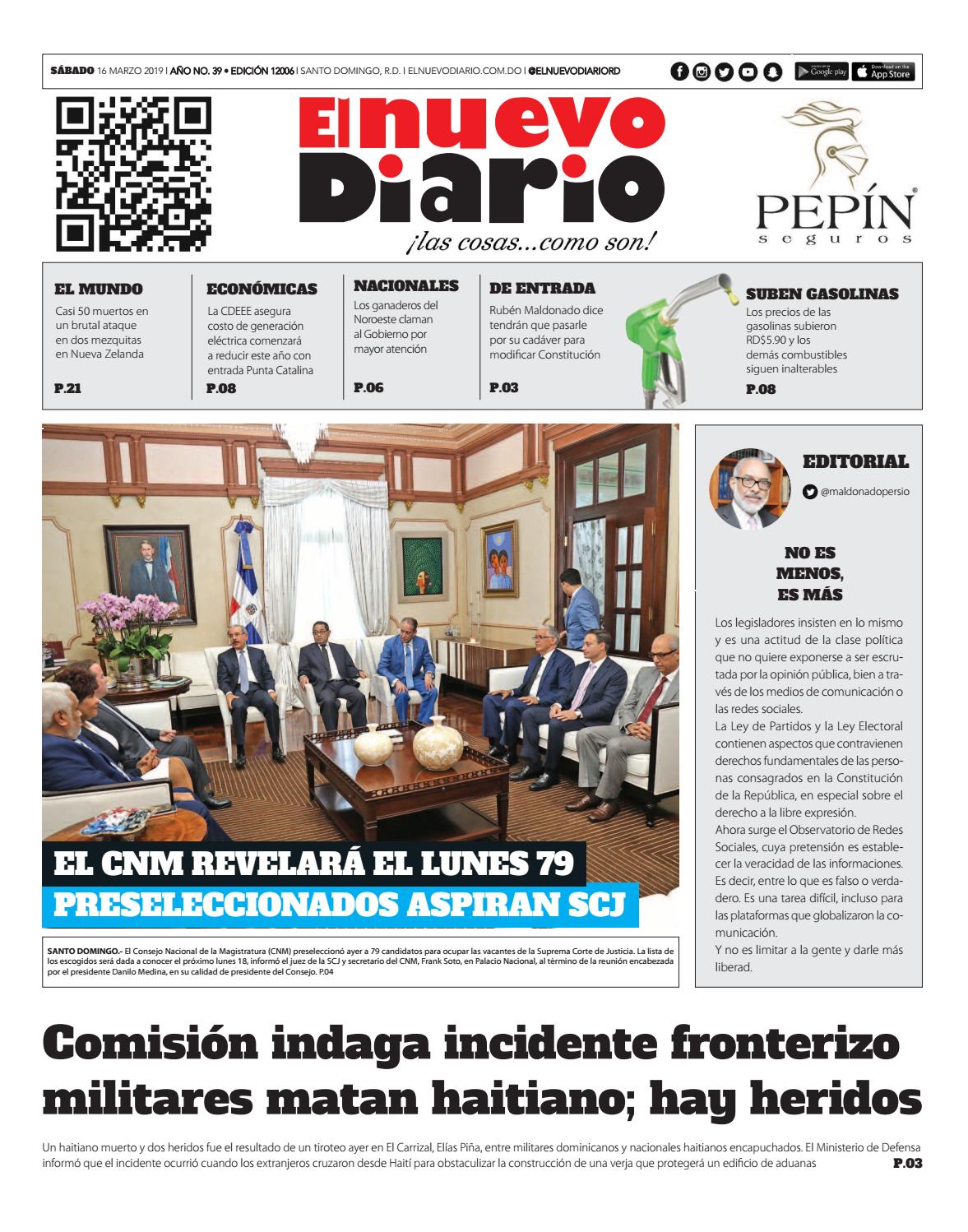 Portada Periódico El Nuevo Diario, Sábado 16 de Marzo 2019