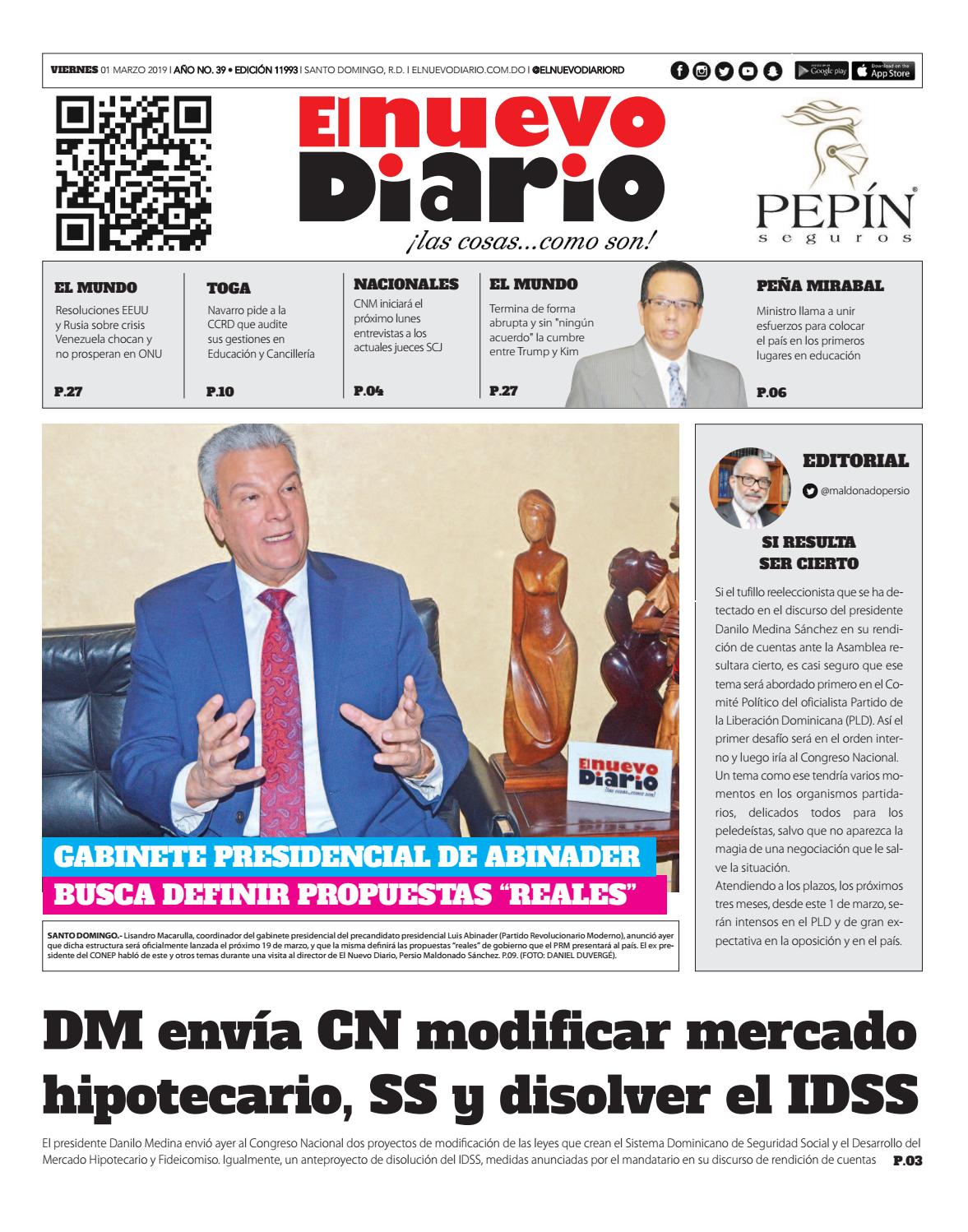 Portada Periódico El Nuevo Diario, Viernes 01 de Marzo 2019