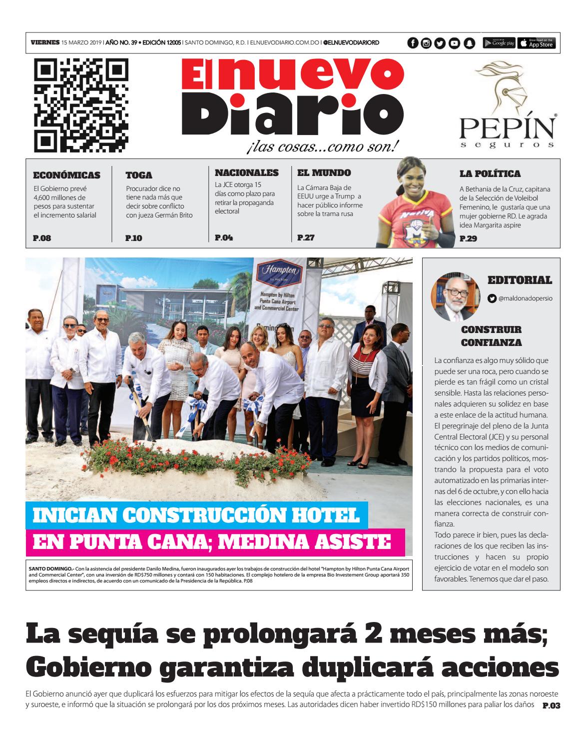 Portada Periódico El Nuevo Diario, Viernes 15 de Marzo 2019