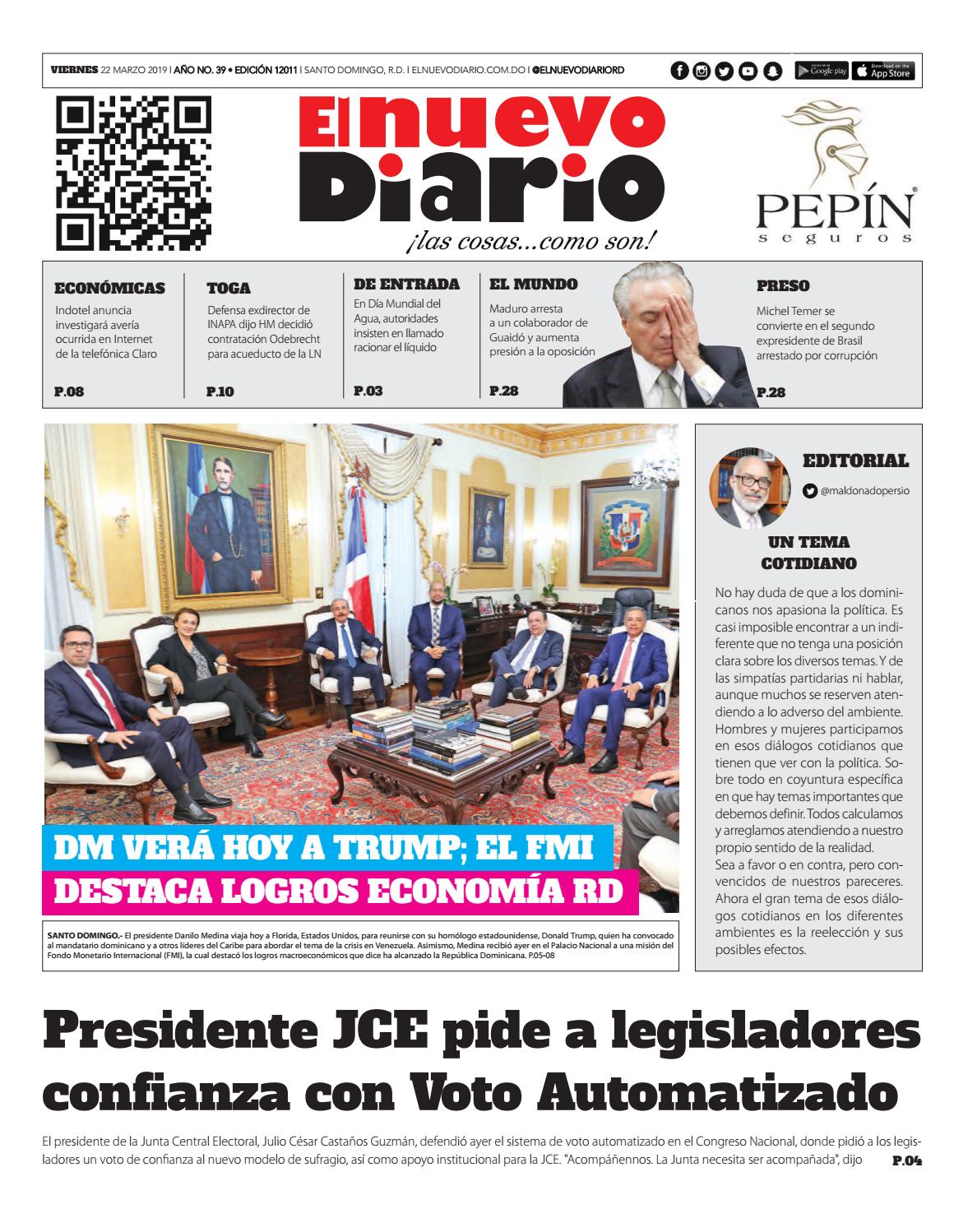 Portada Periódico El Nuevo Diario, Viernes 22 de Marzo 2019
