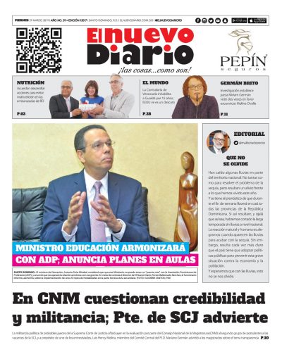 Portada Periódico El Nuevo Diario, Viernes 29 de Marzo 2019