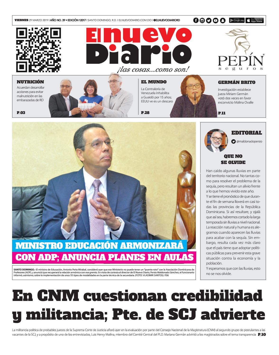 Portada Periódico El Nuevo Diario, Viernes 29 de Marzo 2019