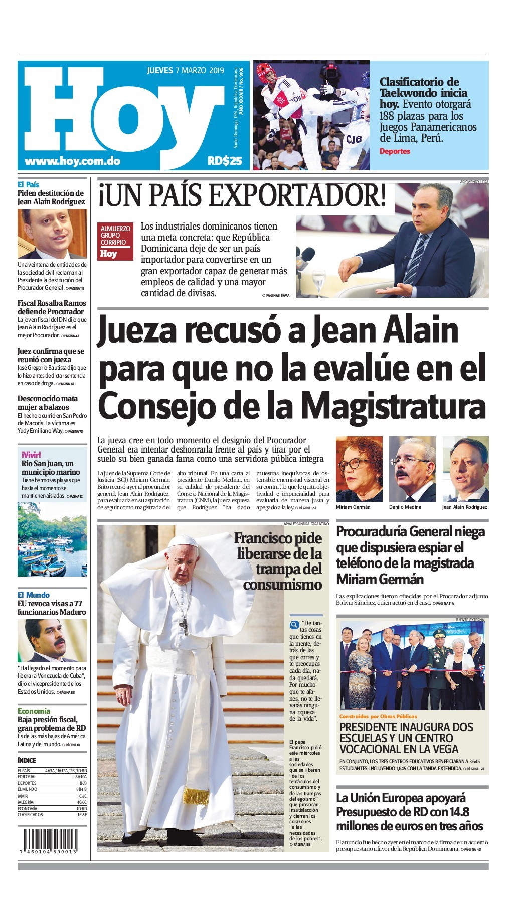 Portada Periódico Hoy, Jueves 07 de Marzo 2019