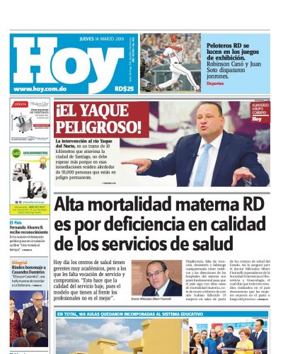 Portada Periódico Hoy, Jueves 14 de Marzo 2019