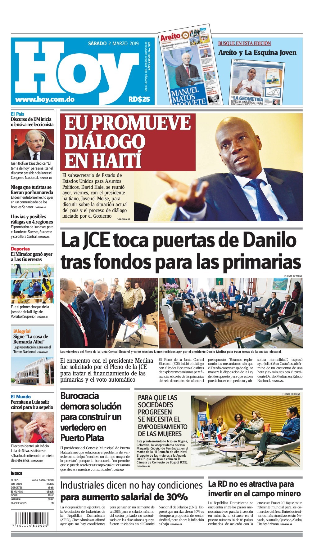 Portada Periódico Hoy, Lunes 04 de Marzo 2019
