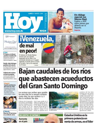 Portada Periódico Hoy, Lunes 11 de Marzo 2019