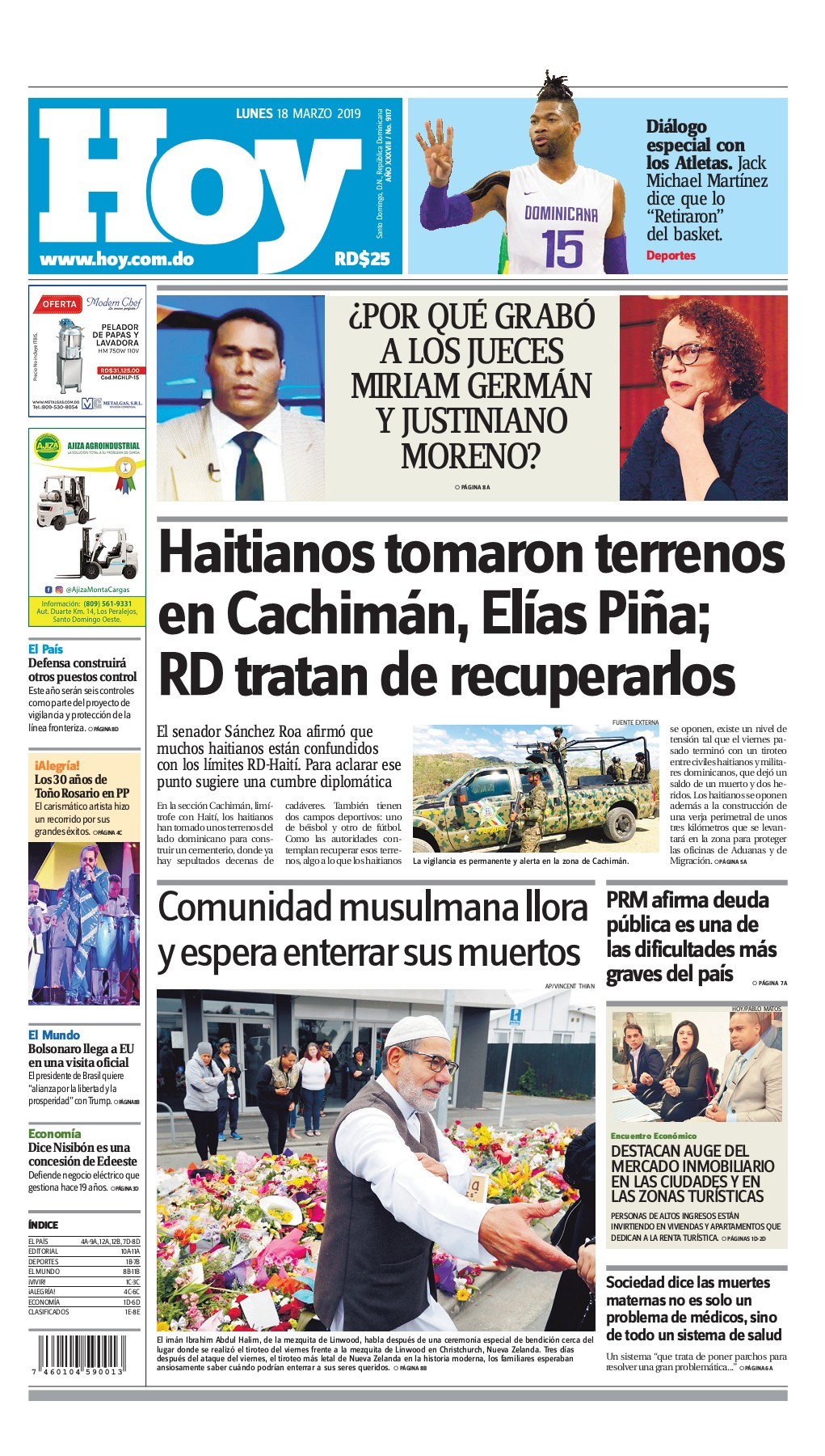 Portada Periódico Hoy, Lunes 18 de Marzo 2019
