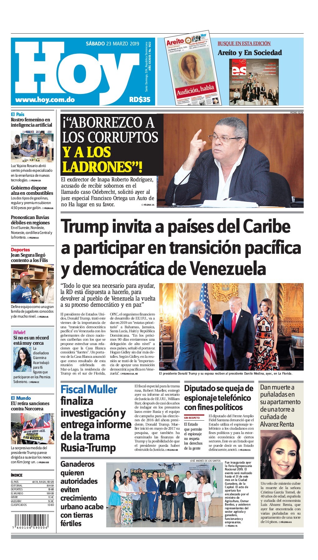 Portada Periódico Hoy, Lunes 25 de Marzo 2019