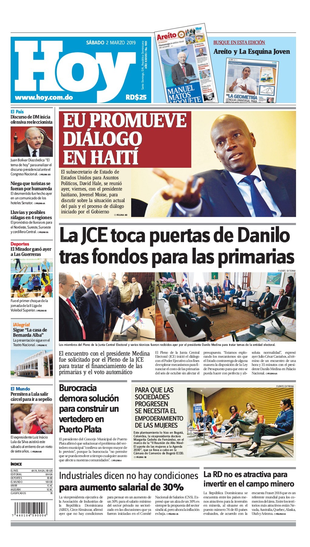 Portada Periódico Hoy, Sábado 02 de Marzo 2019