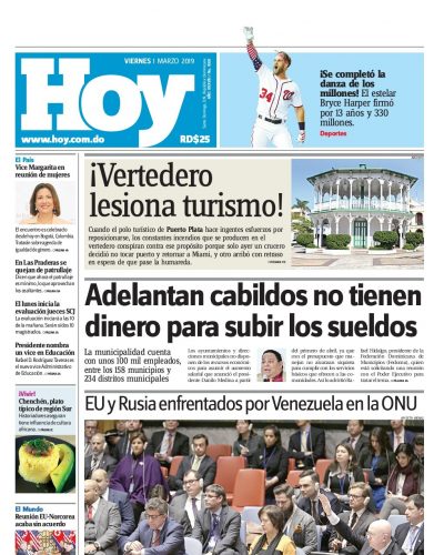 Portada Periódico Hoy, Viernes 01 de Marzo 2019