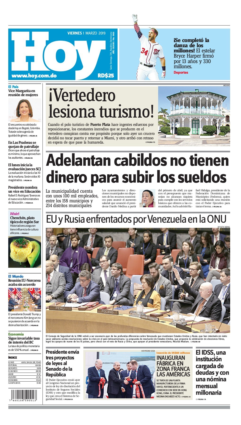 Portada Periódico Hoy, Viernes 01 de Marzo 2019