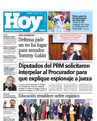 Portada Periódico Hoy, Viernes 08 de Marzo 2019