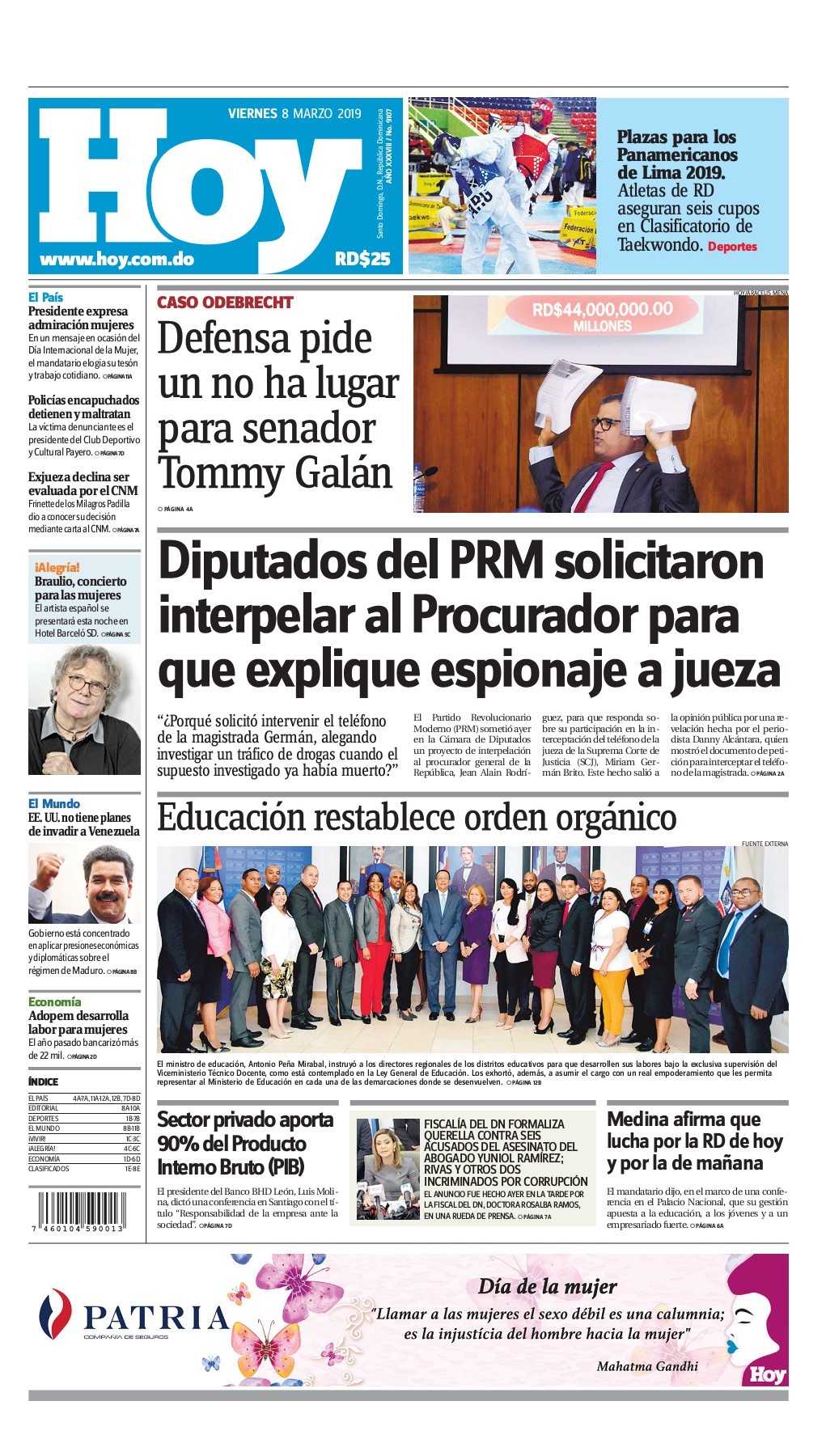 Portada Periódico Hoy, Viernes 08 de Marzo 2019
