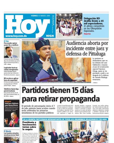 Portada Periódico Hoy, Viernes 15 de Marzo 2019