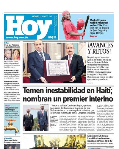 Portada Periódico Hoy, Viernes 22 de Marzo 2019