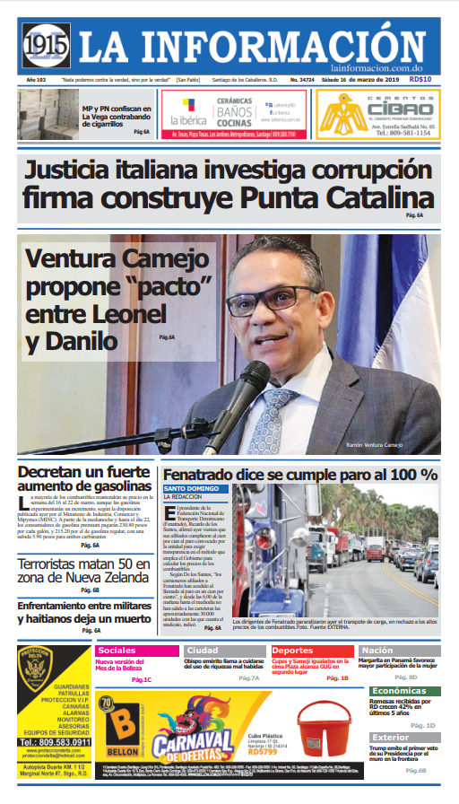 Portada Periódico La Información, Domingo 17 de Marzo 2019