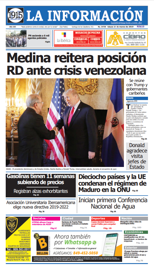 Portada Periódico La Información, Domingo 24 de Marzo 2019
