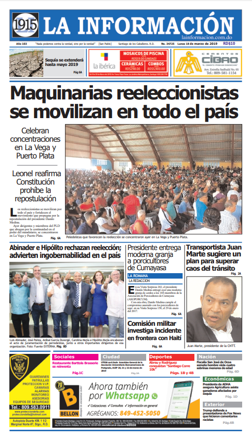 Portada Periódico La Información, Lunes 18 de Marzo 2019