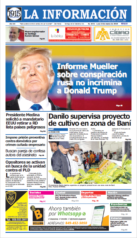 Portada Periódico La Información, Lunes 25 de Marzo 2019