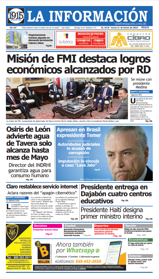 Portada Periódico La Información, Viernes 22 de Marzo 2019