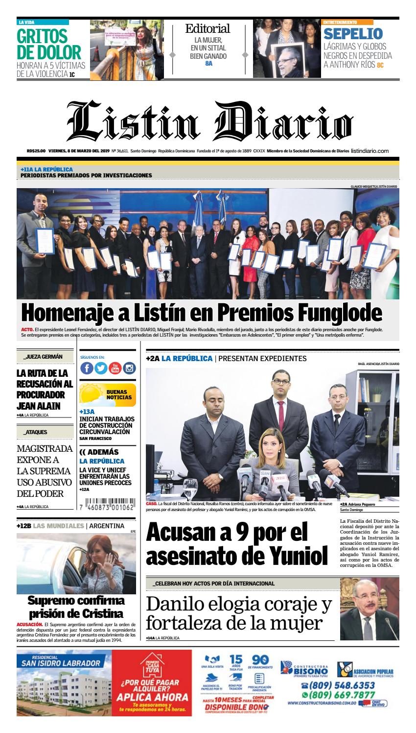 Portada Periódico Listin Diario, Viernes 08 de Marzo 2019