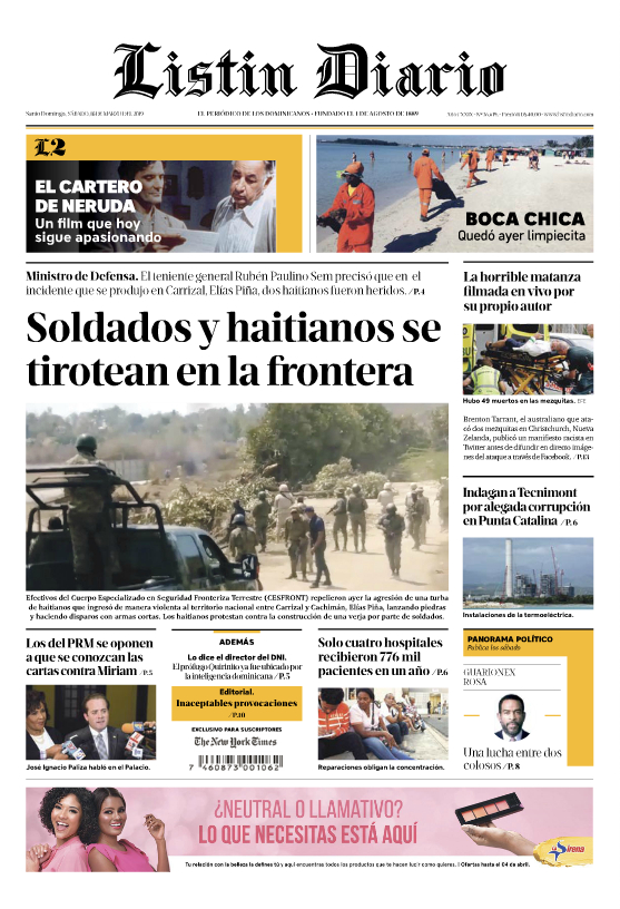 Portada Periódico Listín Diario, Domingo 17 de Marzo 2019