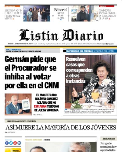 Portada Periódico Listín Diario, Jueves 07 de Marzo 2019