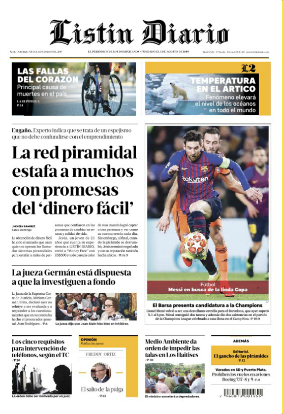 Portada Periódico Listín Diario, Jueves 14 de Marzo 2019