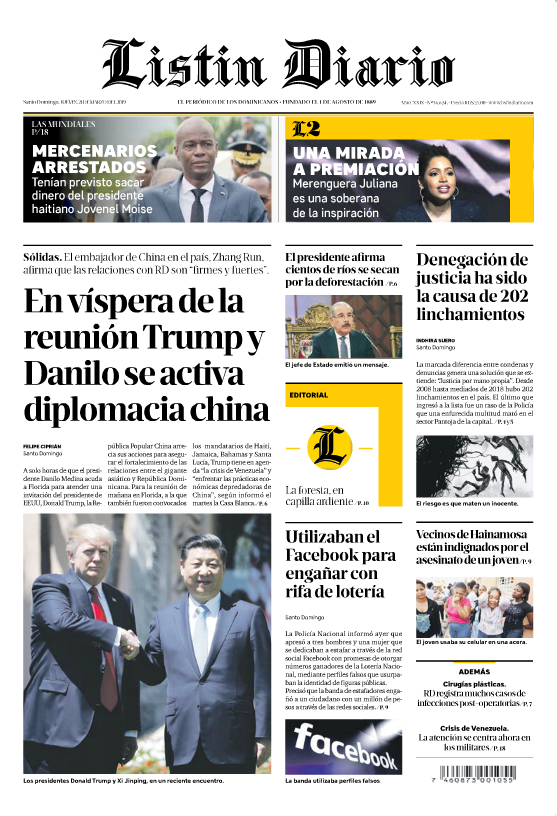 Portada Periódico Listín Diario, Jueves 21 de Marzo 2019